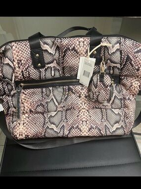 Jessica Simpson Snake-Print Travel Tote in Black and Cream and Pink